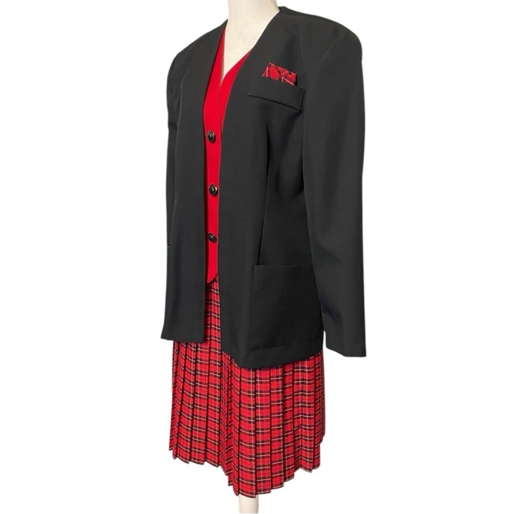 Vintage 80s Plaid Skirt Suit Set Red Black Power Suit Berg-Ray 10 Secretary Chic - Picture 10 of 11